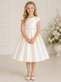 Ivory Pleated Satin Jewel Neck Short Cap Sleeve Pleated Skirt Tea Length Communion Flowergirl Dress front view
