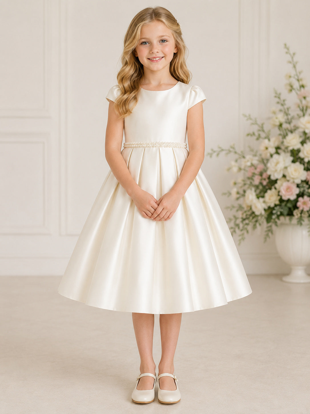 Ivory Pleated Satin Jewel Neck Short Cap Sleeve Pleated Skirt Tea Length Communion Flowergirl Dress front view