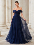 Dark Navy Off Shoulder Tulle A Line Gown front view
