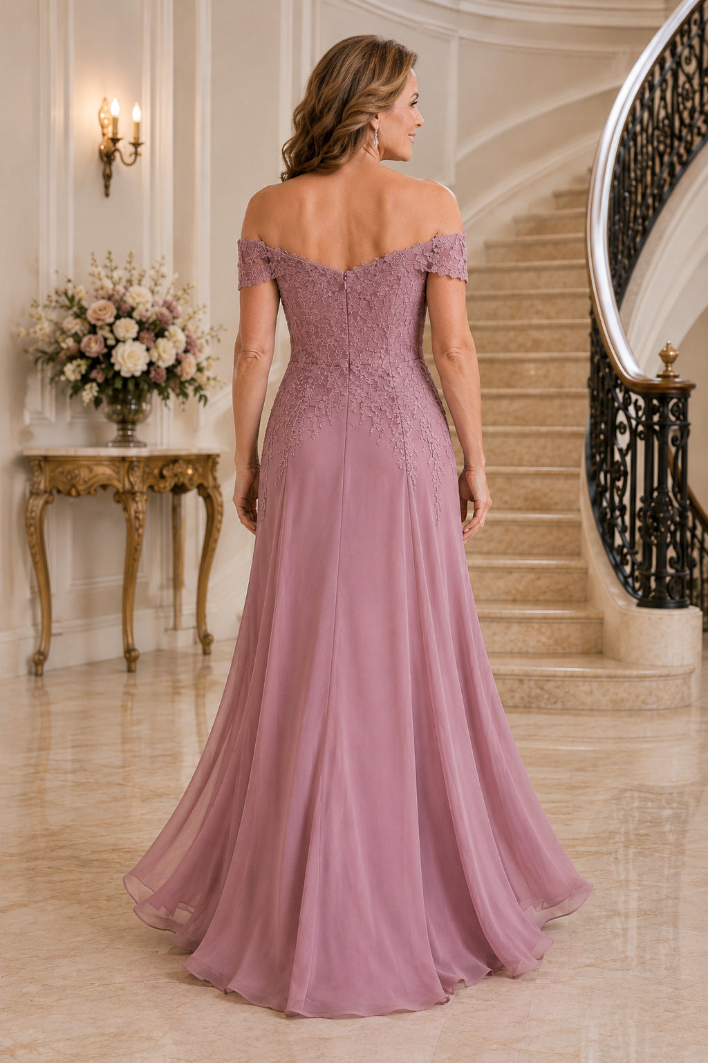 Vintage Mauve Off Shoulder Chiffon A-Line Mother Dress with Lace Bodice back view
