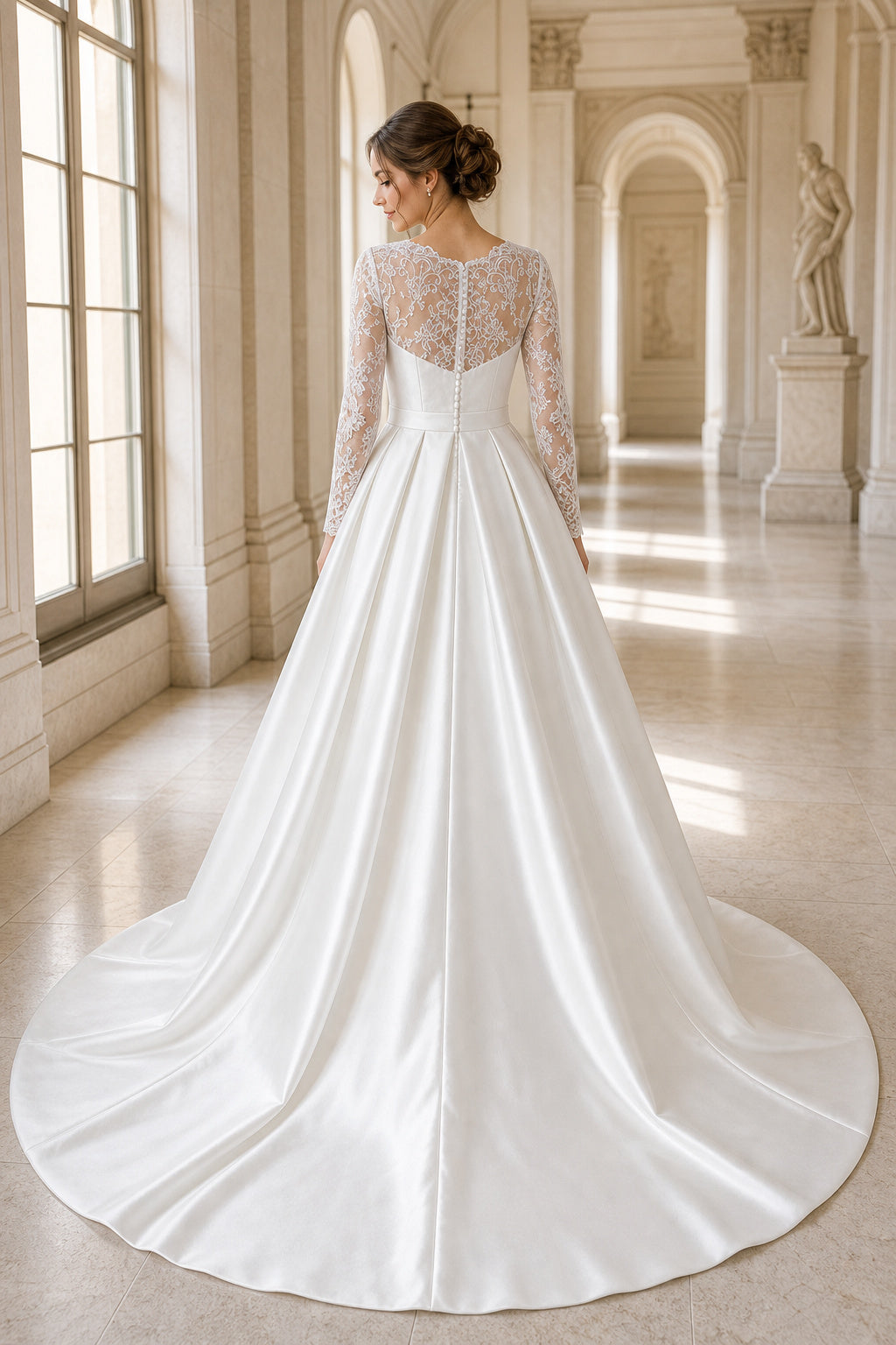 Ivory Sweetheart Long Sleeves Ball Gown Satin, Lace Floor-length Wedding Dress With Lace and Pleats