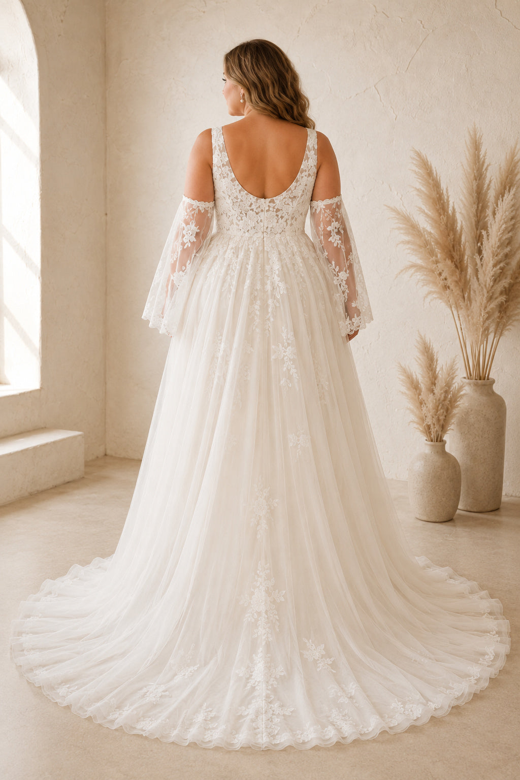 Plus Size Ivory Scoop Neck Strap Bell Sleeve Lace Tulle A-Line Wedding Dress with Bell Sleeves and Lace Tulle Train back view