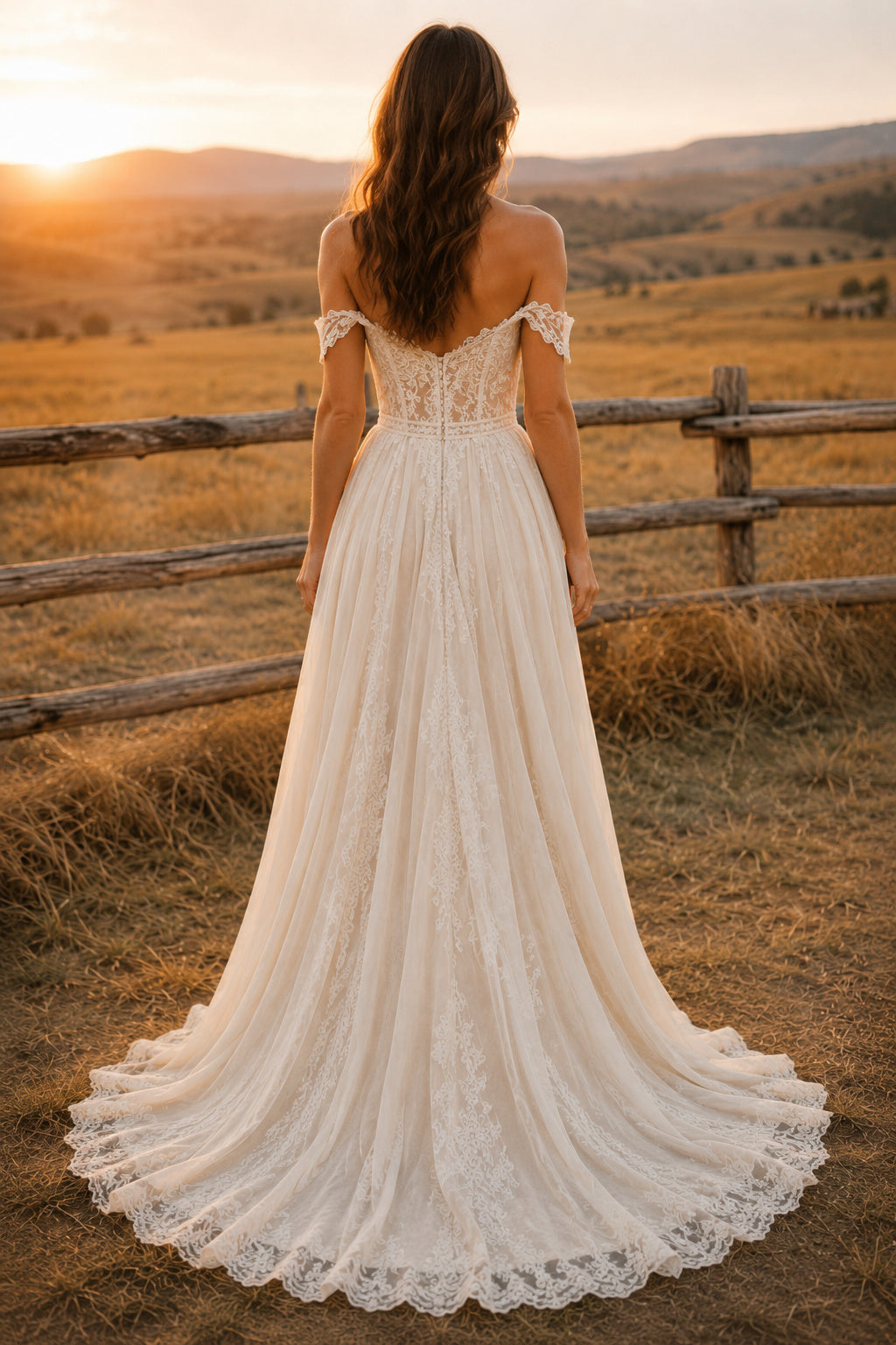 Off the Shoulder A-Line Wedding Dress with Lace Applique Bodice and Full Train for Beach Garden Ceremony back view