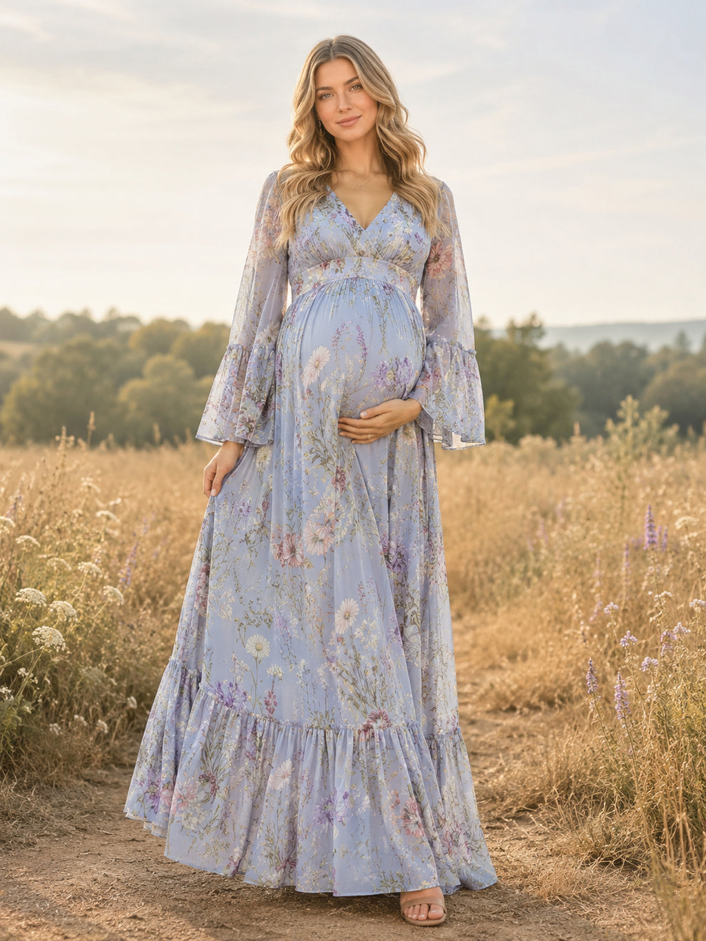 Periwinkle Floral Maternity Bell Sleeve V Neck Tiered A-Line Floor Length Boho Dress front view