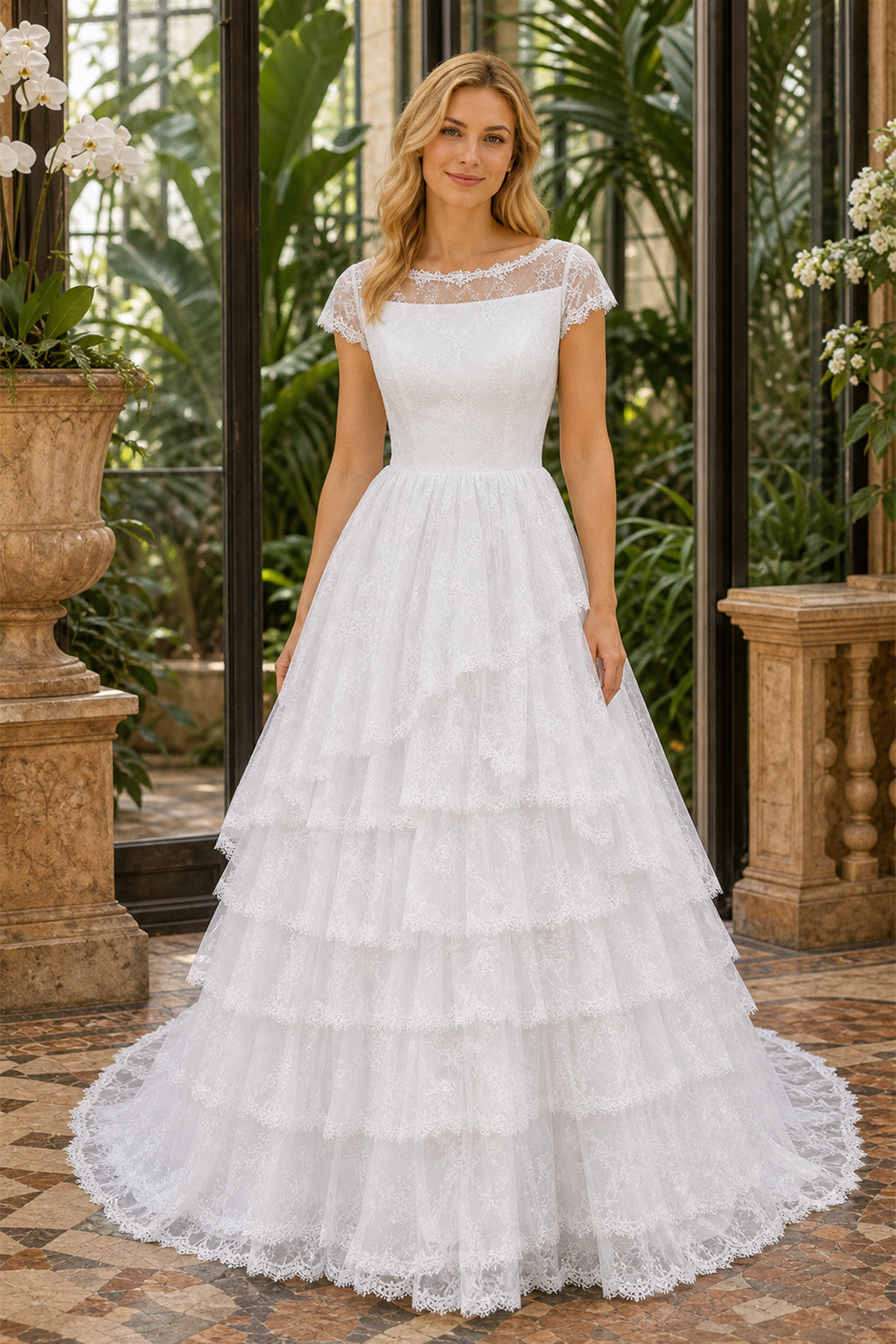 Ivory Bateau Cap Sleeve Tiered A-Line Wedding Dress With Lace Bodice