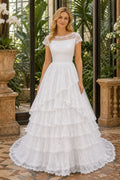 Ivory Bateau Cap Sleeve Tiered A-Line Wedding Dress With Lace Bodice