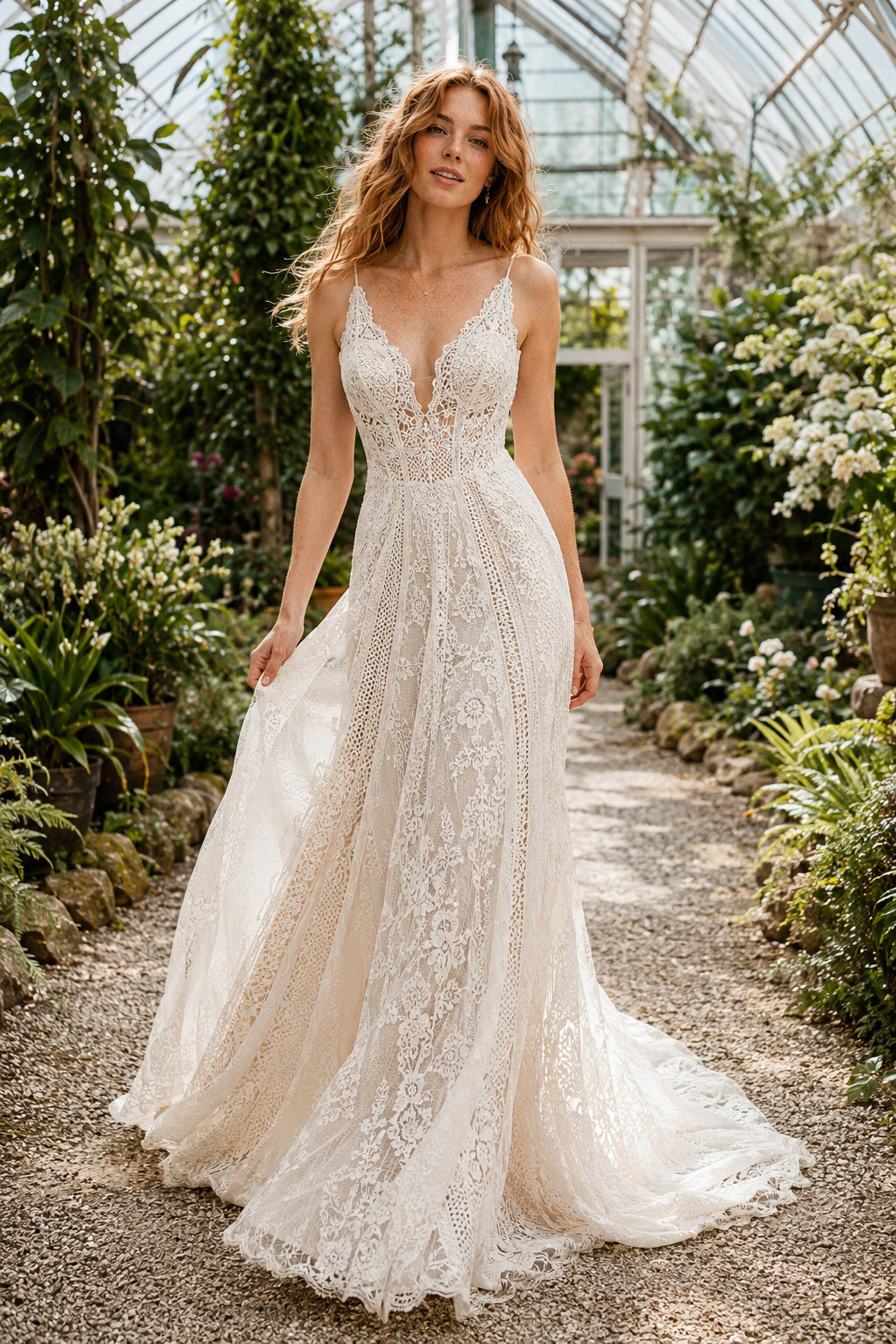Ivory Spaghetti Strap Lace A-Line Wedding Dress with Deep V-Neck and Train front view