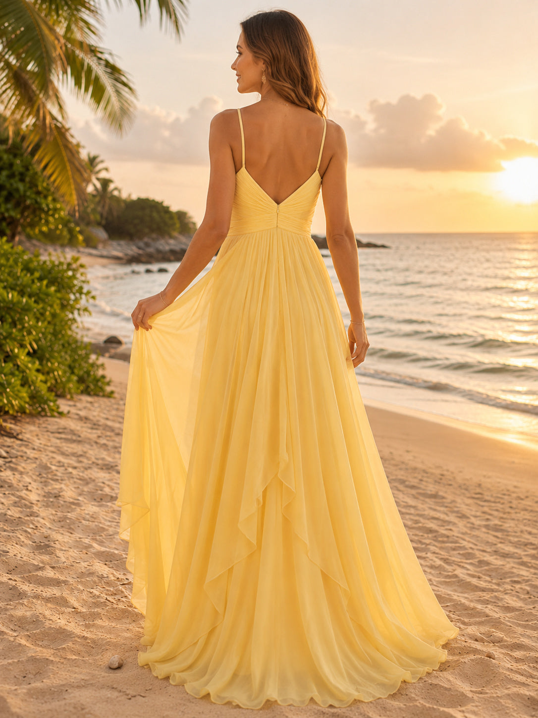 Yellow Spaghetti Strap Chiffon Sunset Beach Bridal Gown back view