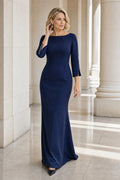 Navy Bateau Long Sleeve Sheath Floor-Length Dress With Beaded Sleeve Detail