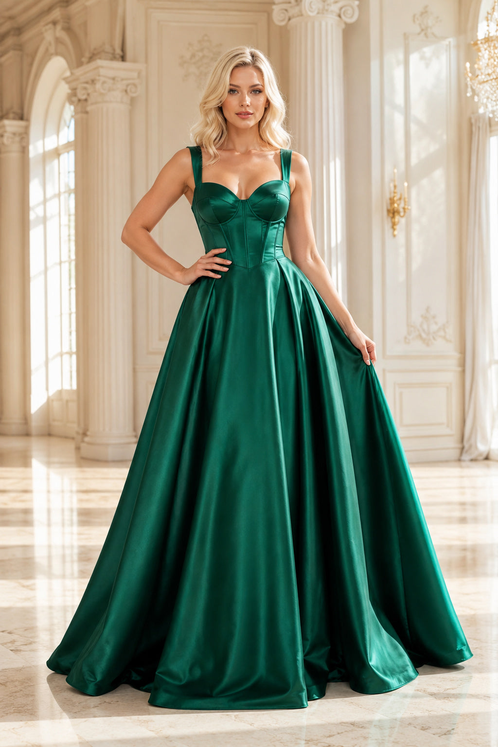 Dark Green wide strap satin ball gown with sweetheart neckline and full skirt Floor-length And Sweep/Brush Train Ball Gown Pr