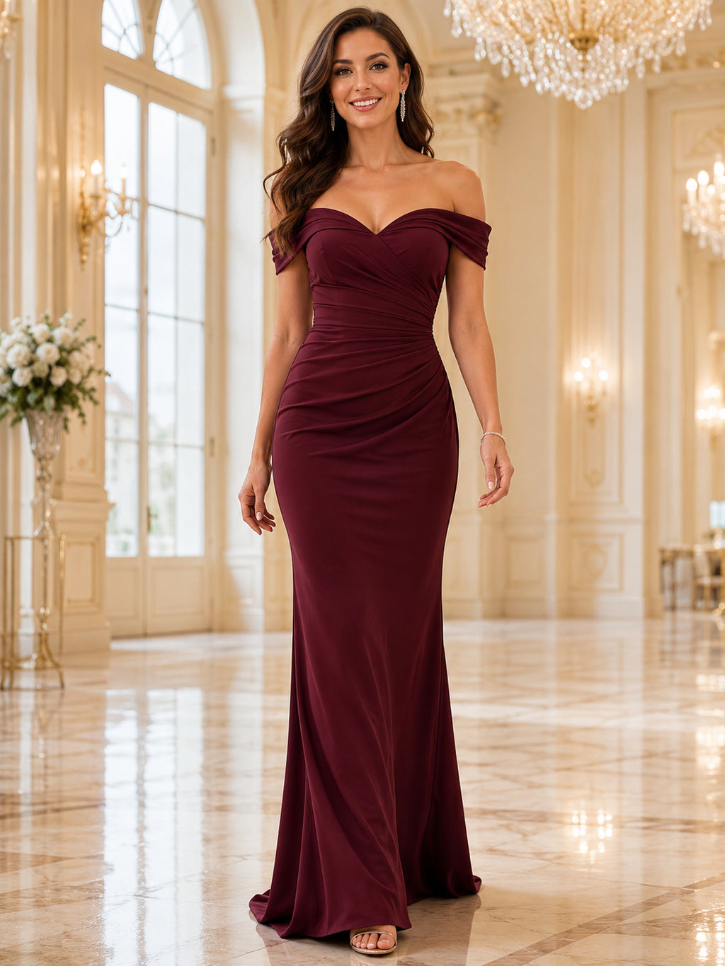 Burgundy Off Shoulder Crepe Sheath Formal Evening Dress front view