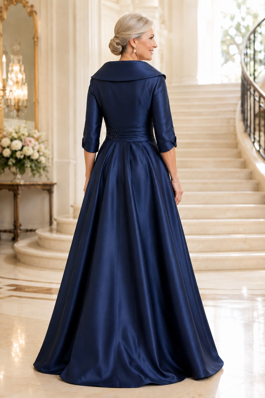 Dark Navy Satin A-Line Mother Dress with Shawl Collar Three Quarter Sleeves and Beaded Waist back view