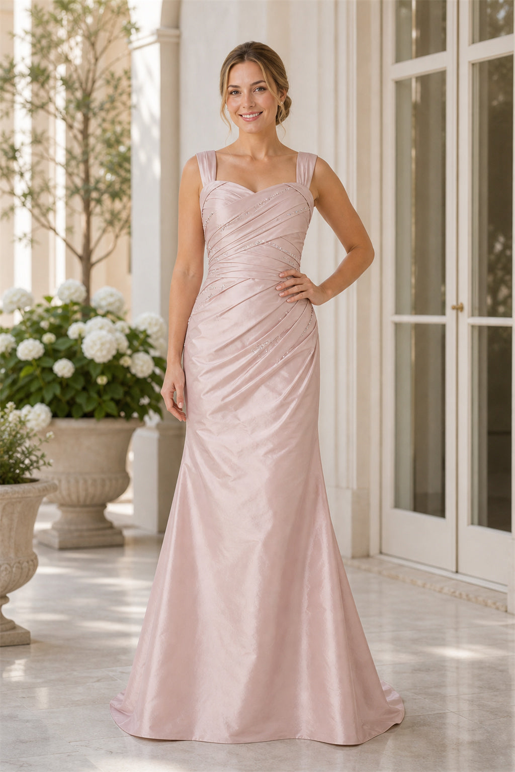 Blush V-neck Spaghetti Strap Sheath Satin Floor-Length Dress With Ruched Bodice