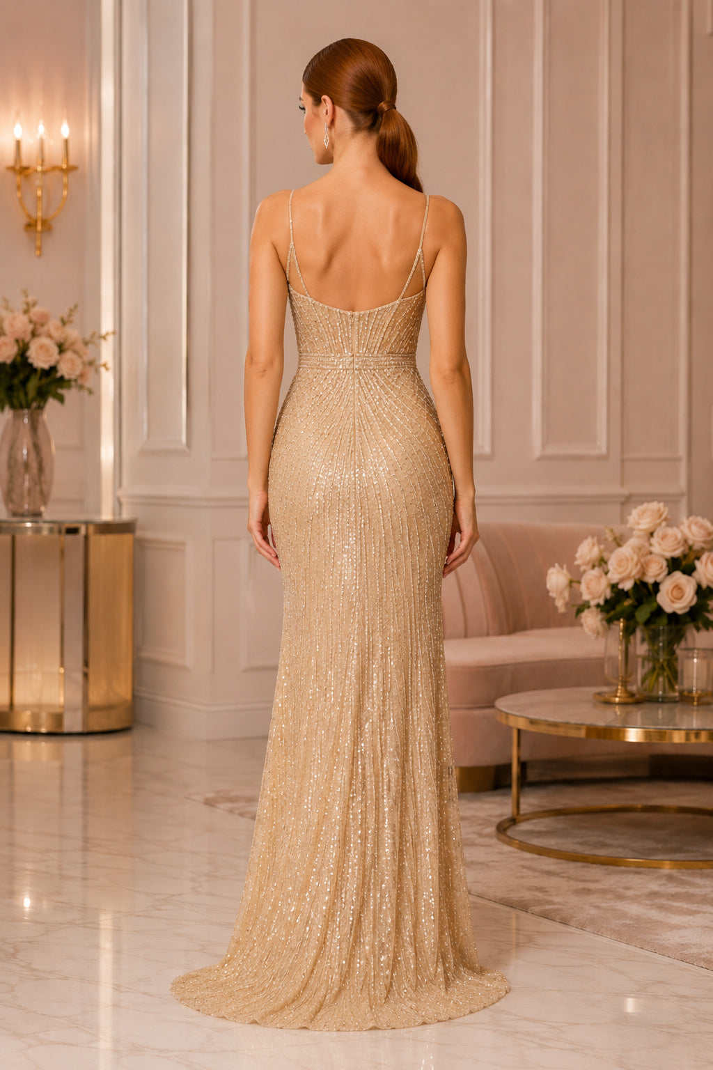 Plus Size Champagne Sequin Spaghetti Strap Sheath Formal Dress with High Slit and Beaded Texture back view