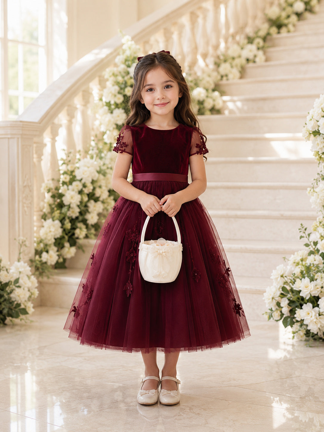 Burgundy Flower Girl Dress Vintage Tea-Length A-Line Short Illusion Sleeve Velvet Bodice 3D Floral Tulle Satin Bow front view