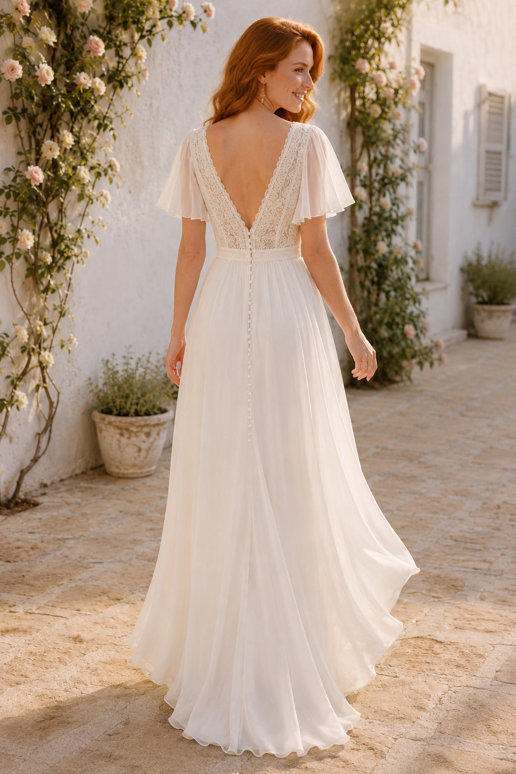 Ivory Flutter Sleeve V-Neck Chiffon A-Line Wedding Dress for Wedding Ceremony and Reception back view