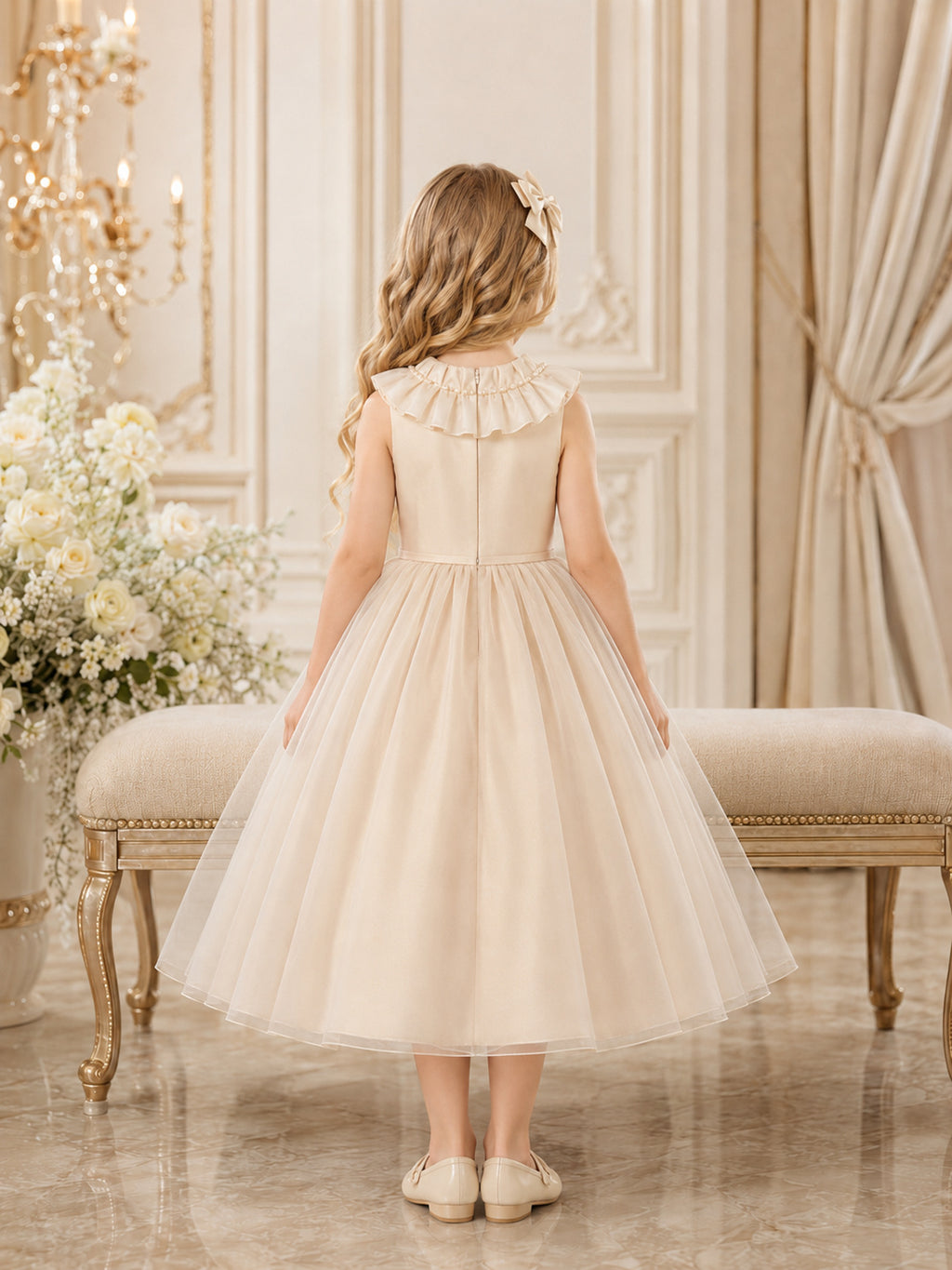Ivory Tulle A-Line Flower Girl Dress Sleeveless Jewel Neck Tea Length Bow Detail back view
