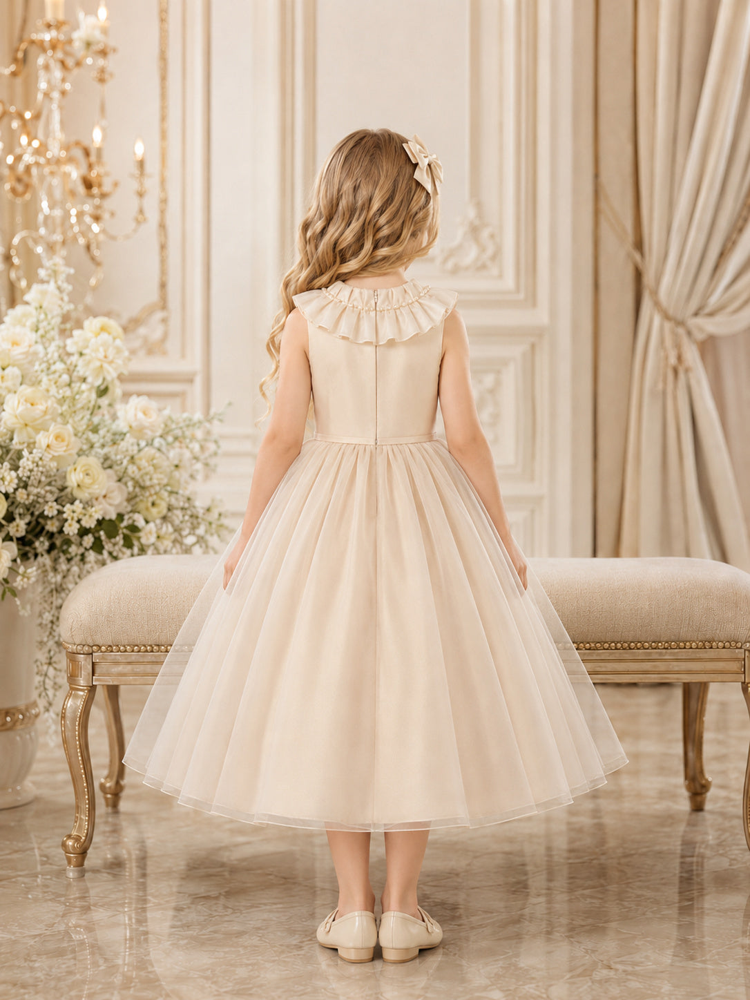 Ivory Tulle A-Line Flower Girl Dress Sleeveless Jewel Neck Tea Length Bow Detail back view