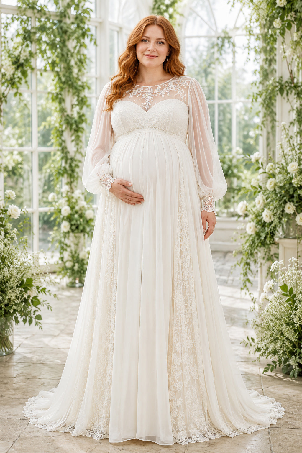 Ivory Plus Size Maternity Jewel Neck Long Sleeve A-Line Wedding Dress with Tulle Train front view