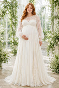Ivory Plus Size Maternity Jewel Neck Long Sleeve A-Line Wedding Dress with Tulle Train front view
