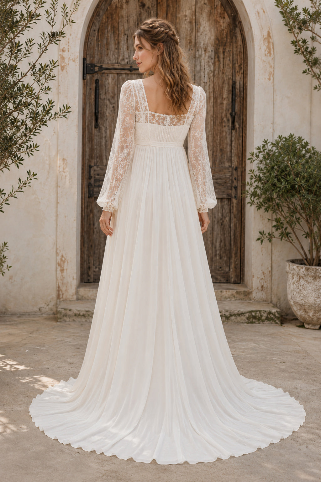 Ivory Boho Square Neck A-Line Chiffon Tulle Wedding Dress with Long Poet Sleeves and Sweep Train back view