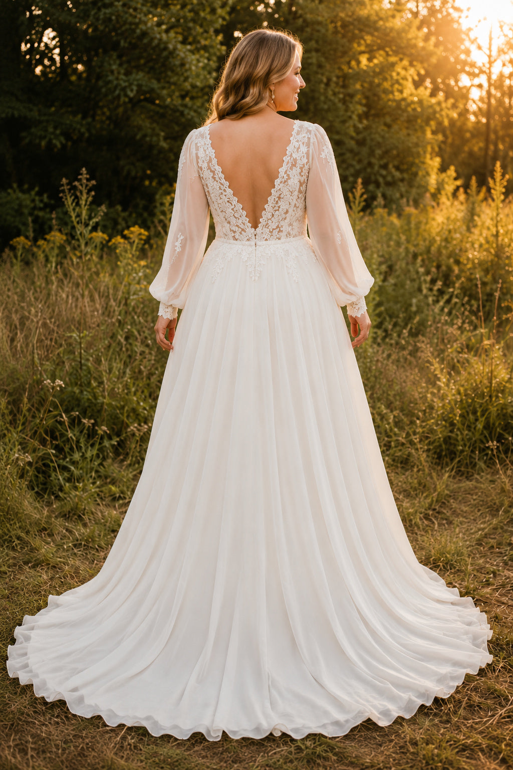 Ivory V-Neck Chiffon A-Line Wedding Dress with Long Bishop Sleeves and Deep V Back back view