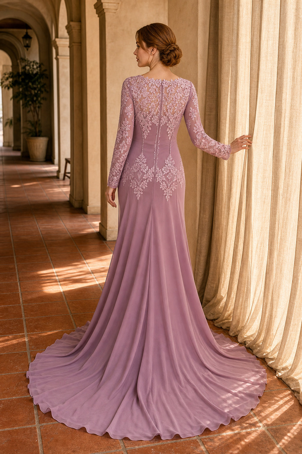 Bateau Neck Long Sleeve Sheath Chiffon Floor-Length Dress With Lace Bodice