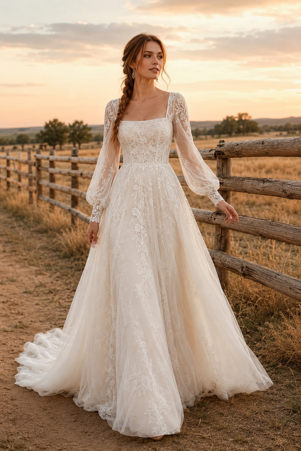 Ivory Square Neck Long Sleeve Lace A-Line Wedding Dress with Full Tulle Skirt and Train front view