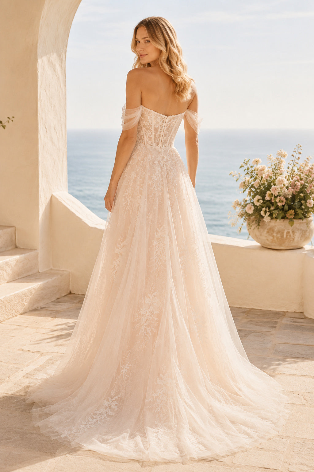 Wedding A-Line Lace Dress with Off-Shoulder Neckline and Chapel Train back view