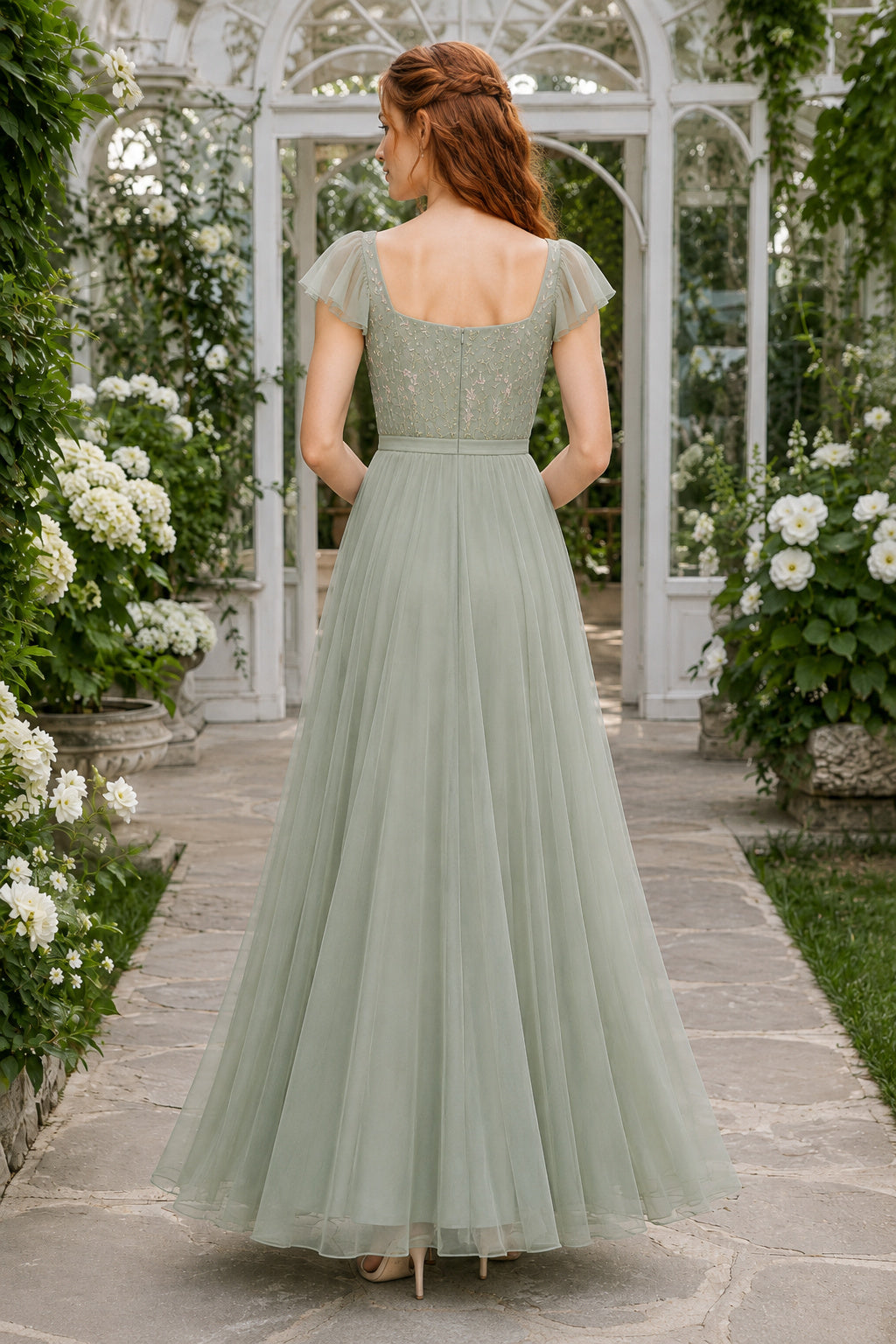 Sage Cap Sleeve Lace Bodice with Flowing Tulle Skirt Floor Length A-Line Bridesmaid Dress back view