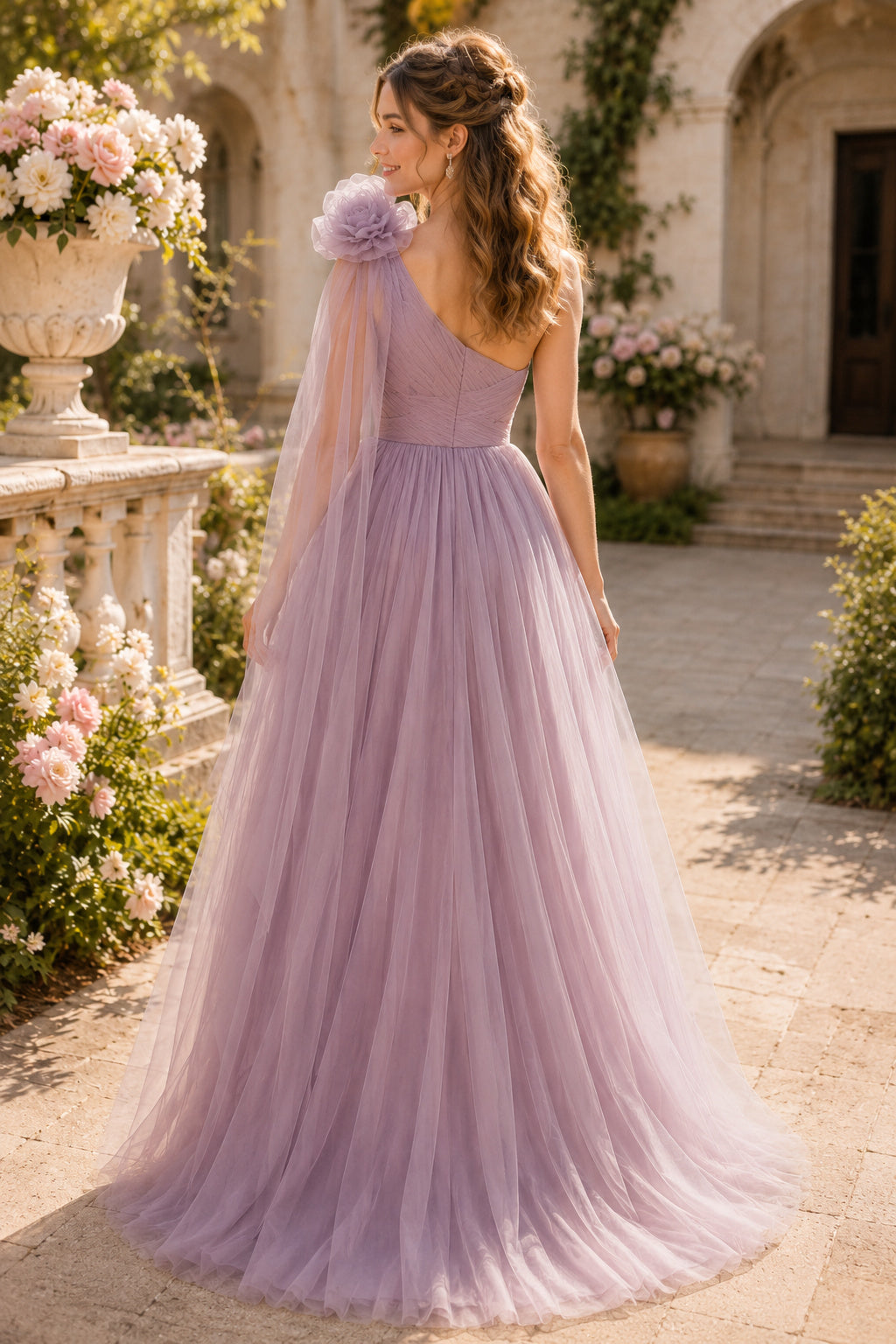 Rosette Shoulder Prom Dress Lavender Tulle A-Line One Shoulder Floor Length back view