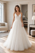 White Square A-Line Lace Floor-length Wedding Dress With Lace and Lace Bodice and Open Back