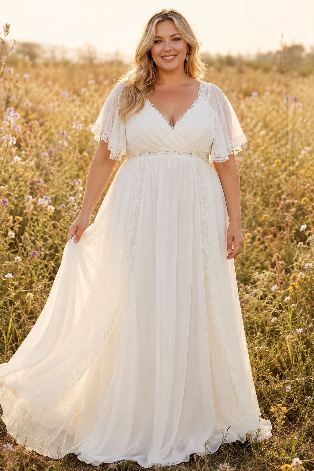 Plus Size Ivory V-Neck Flutter Sleeve Lace Tulle A-Line Wedding Dress with Simple Pleated Chiffon Skirt and Sweep Train front