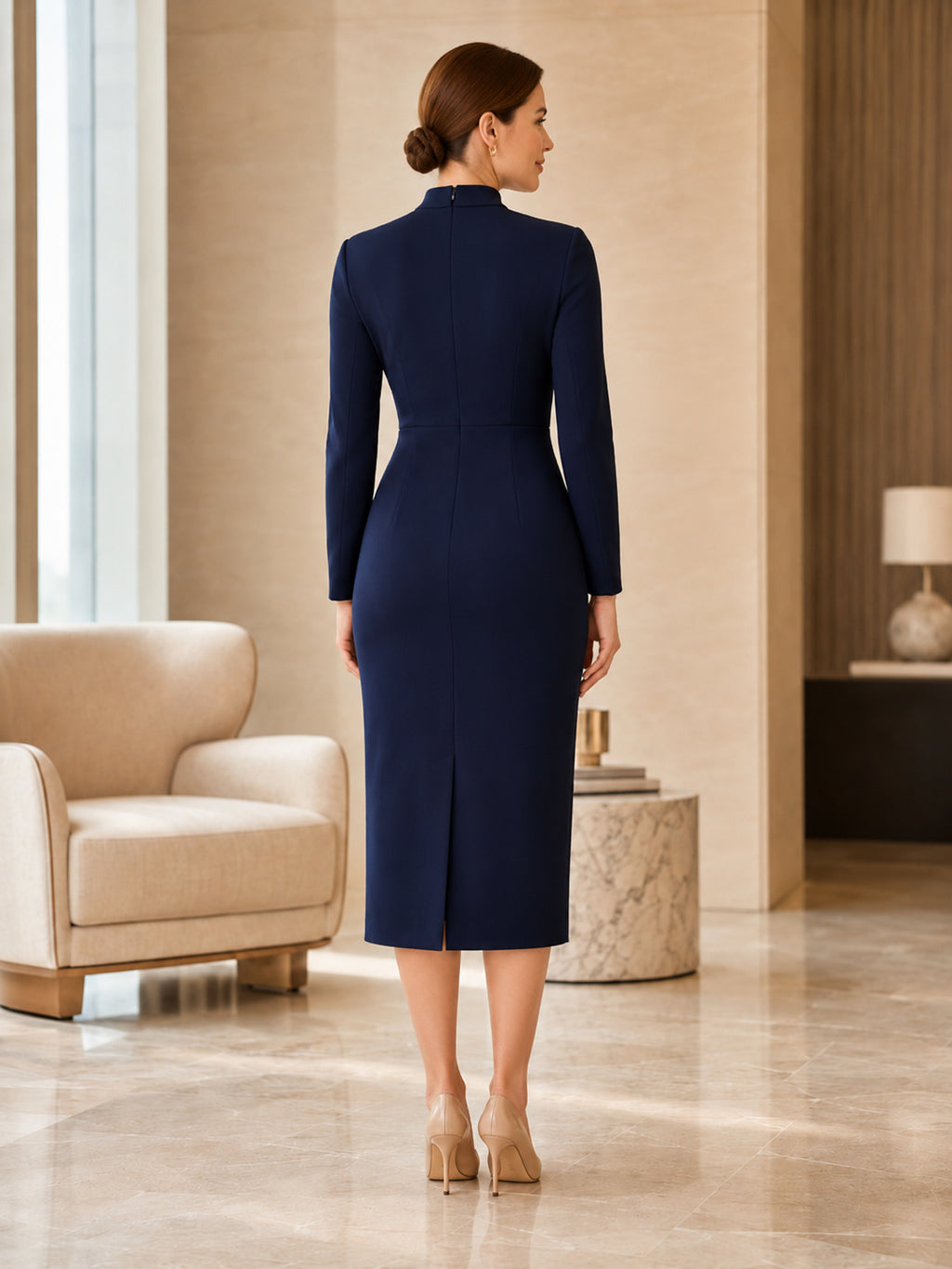 Dark navy long sleeve high neck pencil modest work dress back view