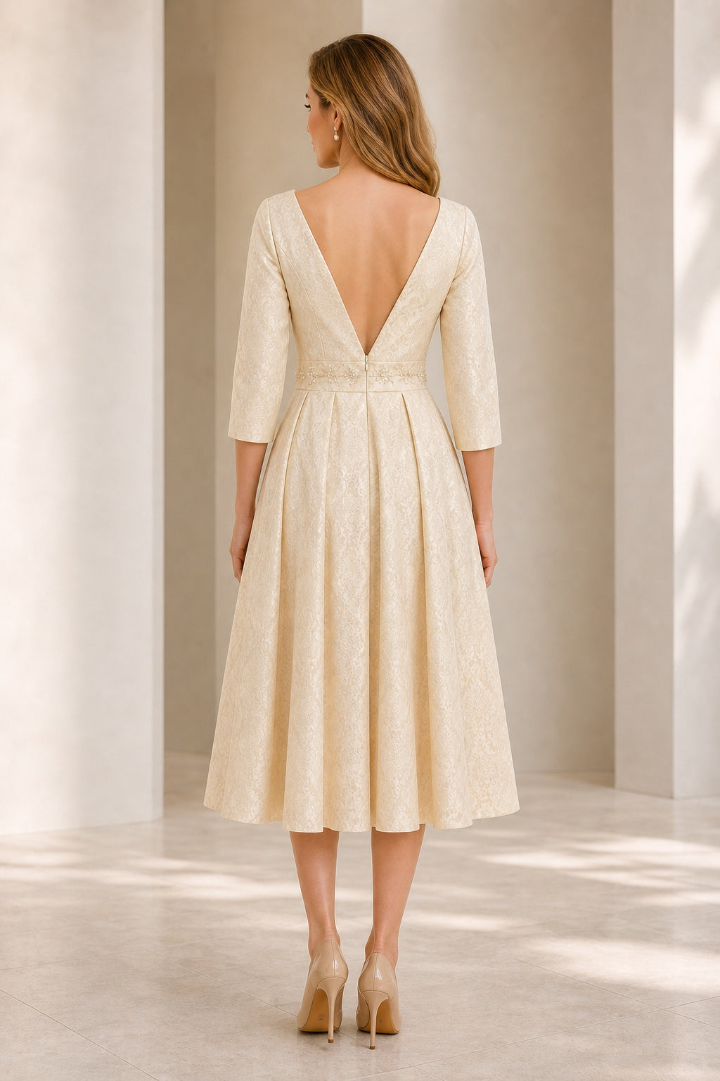 Champagne Bateau Three-Quarter Sleeves Mermaid Lace Tea-length Dress With Lace and Open Back