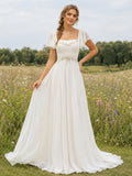 Chiffon Wedding Dress A-Line Sweetheart Flutter Sleeve Floor Length Low V Back Bridal Gown front view