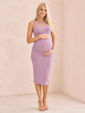 Mauve Maternity High Neck Illusion Bodycon Tea Length Cocktail Dress front view