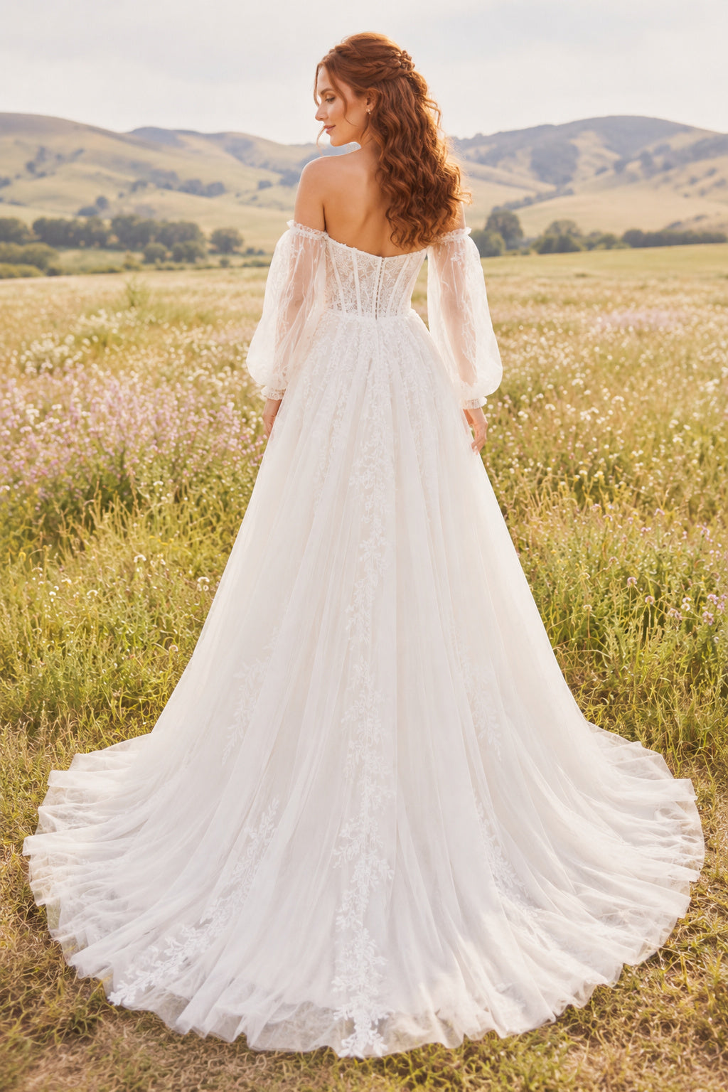 Off the Shoulder Puff Sleeve A-Line Wedding Dress with Sweetheart Bodice and Train back view