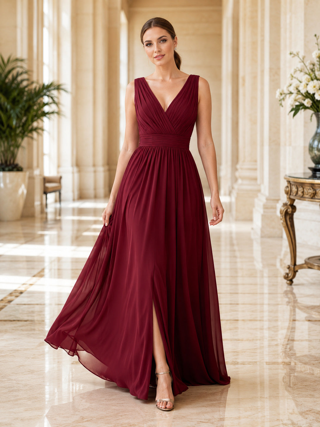 Claret Chiffon V-Neck Slit A-Line Evening Gown front view