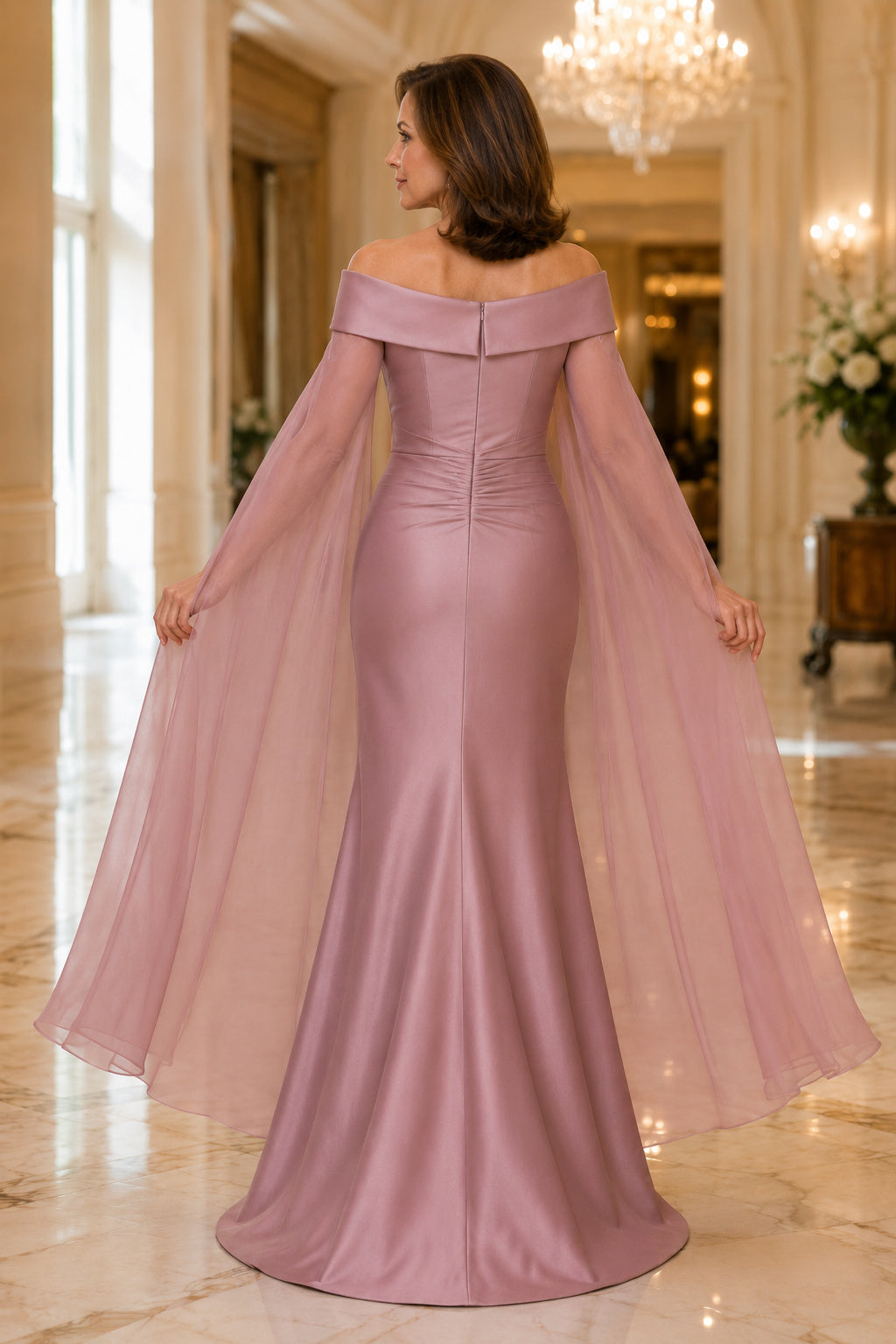 Vintage Mauve Off Shoulder Satin Mermaid Mother Dress with Sheer Cape Sleeves back view