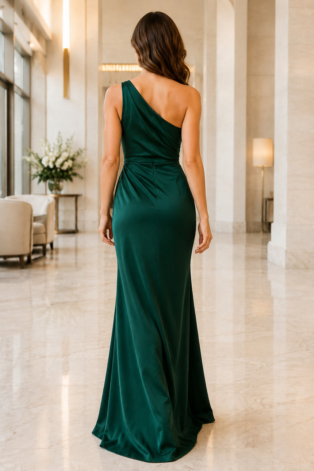 Dark Green One-Shoulder Satin Sheath Formal Dress with Ruched Bodice and Floor Length Skirt back view