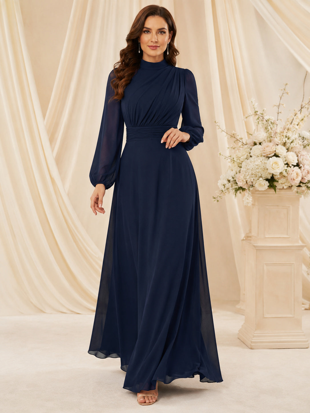 Navy High Neck Poet Sleeve Floor Length A Line Dress front view