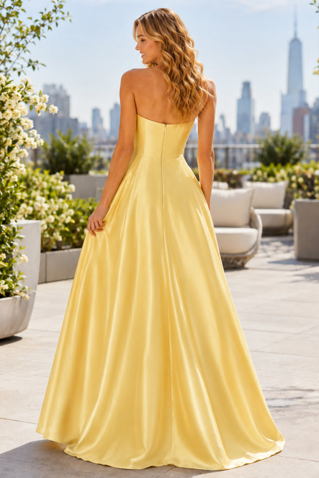 Prom Dress Daffodil Satin A-Line Strapless Sweetheart Floor Length back view