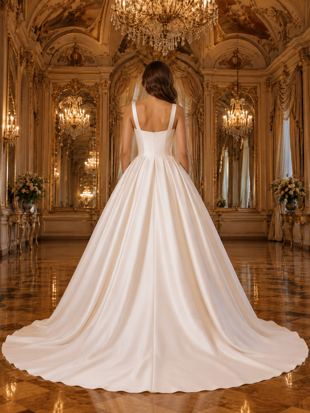 Square Neck Satin Princess Ball Gown Ballroom Bridal Dress back view