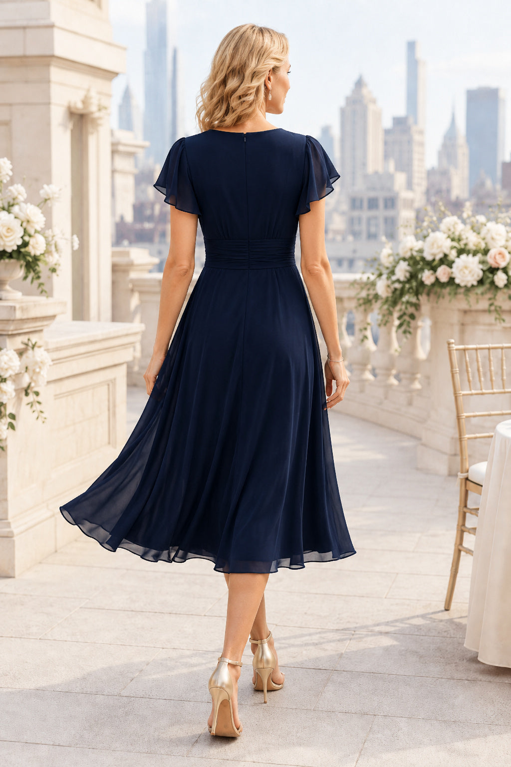 Sage Cocktail Wedding Guest Sheath Dress back view