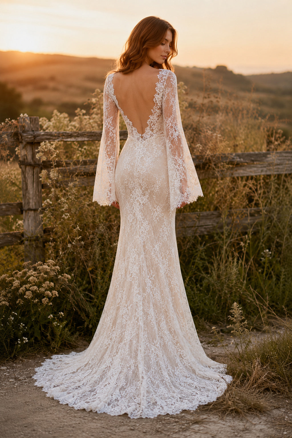 Ivory Long Sleeve Lace Mermaid Wedding Dress Sweep Train for Wedding Ceremony and Reception Style MG_701455 back view