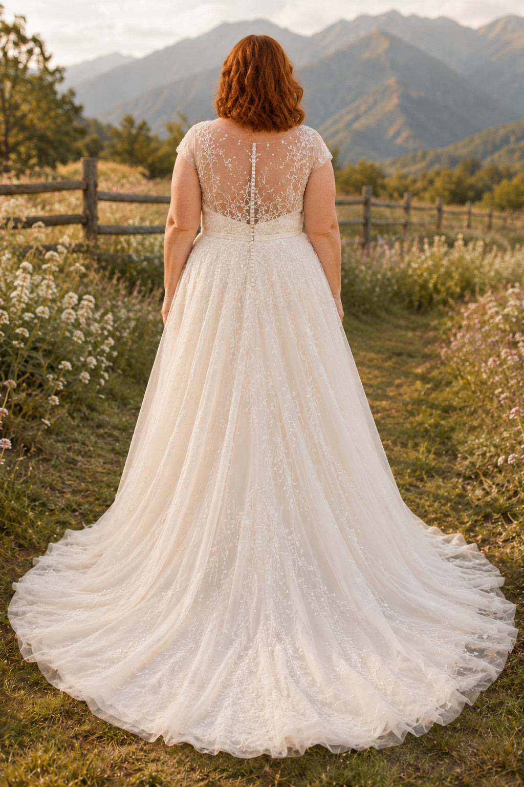 Ivory Plus Size V-Neck Lace A-Line Wedding Dress with Sleeveless Bodice and Tulle Train back view