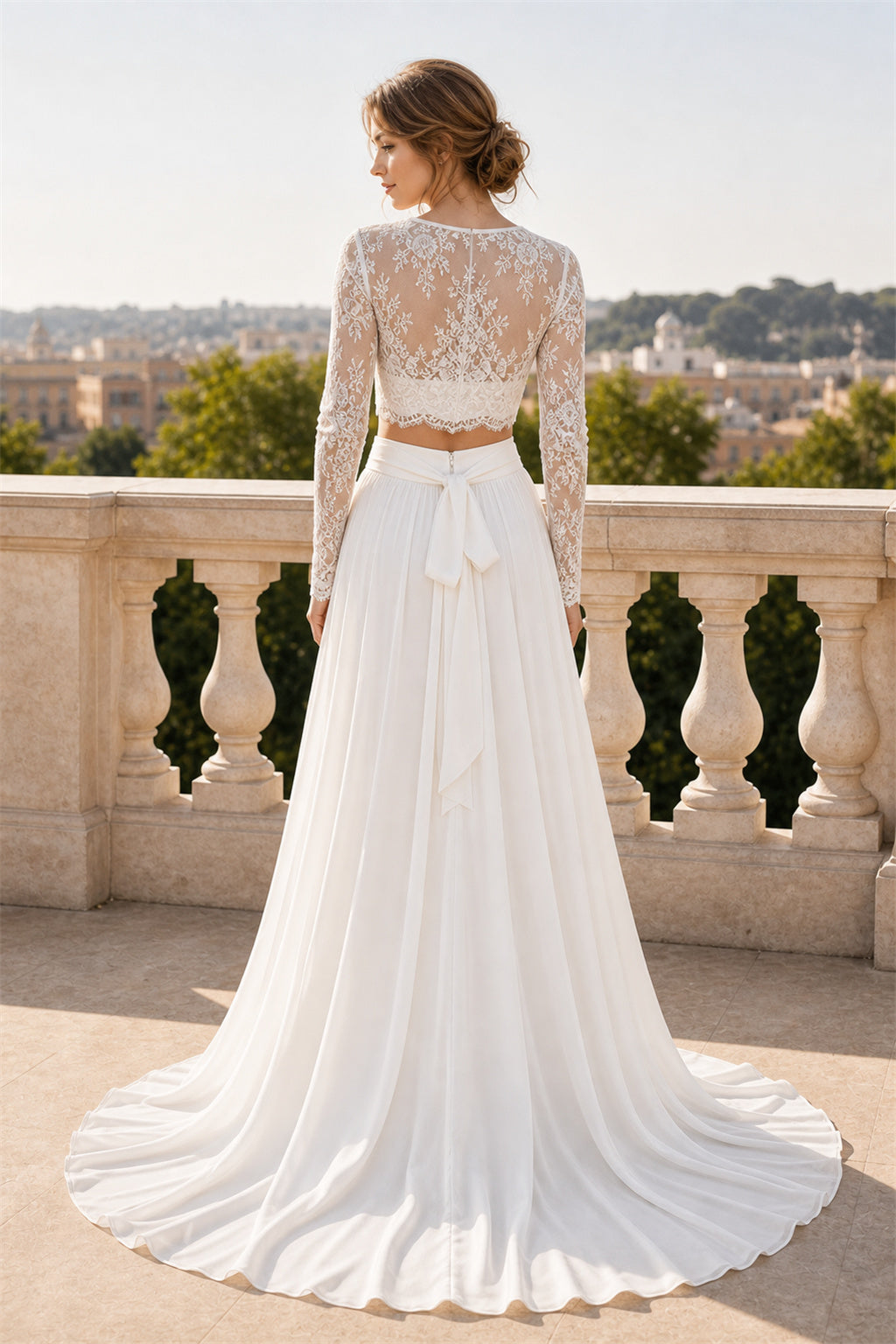 Ivory Illusion Long Sleeves A-Line Chiffon, Lace Floor-length Wedding Dress With Lace and Sash