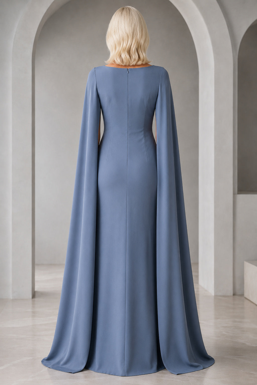 Steel Blue Bateau Neck Sheath Evening Dress with Long Cape Sleeves and Clean Floor Skirt back view