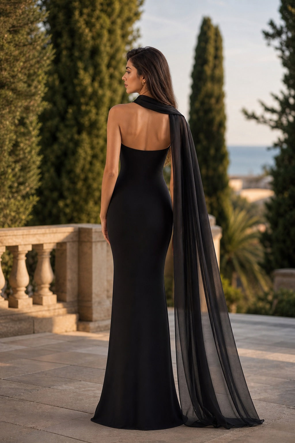 Black Strapless Floor-Length Chiffon Sheath Dress with Cape